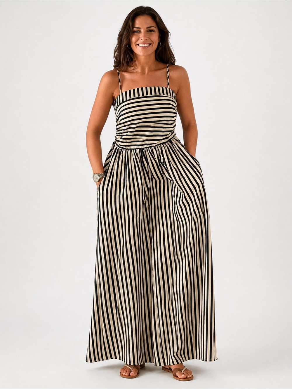 Black Beige Striped Maxi Dress XL Square Neck Sleeveless